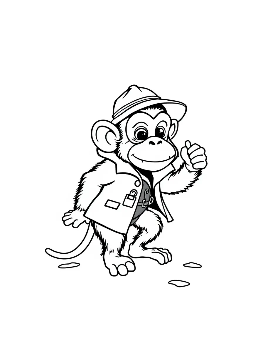 A monkey dressed as a detective, following tiny footprints.
