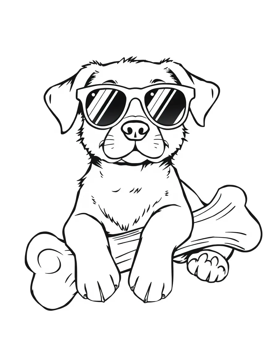 A dog wearing tiny sunglasses, lounging by a giant bone.