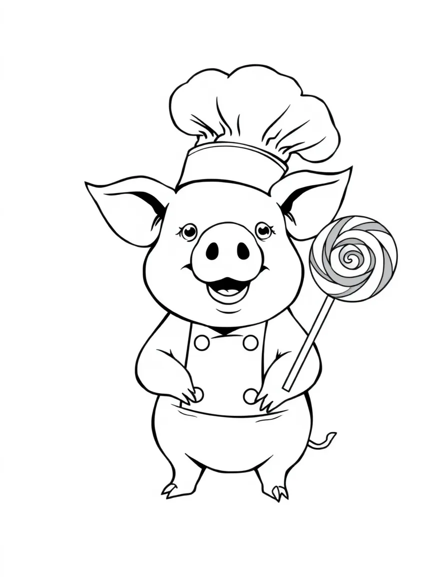 A pig wearing a tiny chef's hat, serving giant lollipops.
