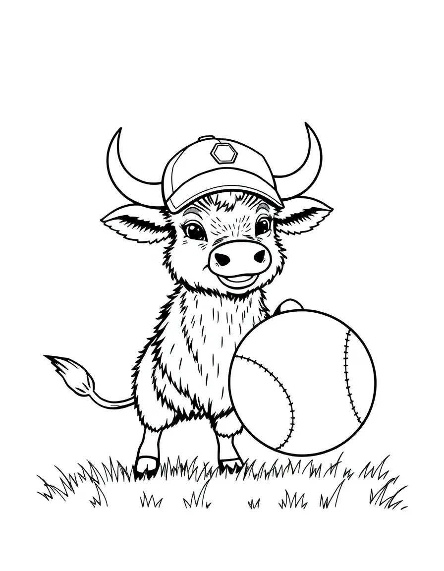 An ox wearing a tiny baseball cap, catching a giant ball.