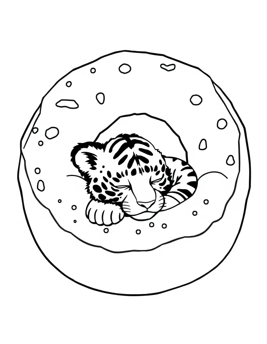 A tiger cub napping in a giant, fluffy donut.