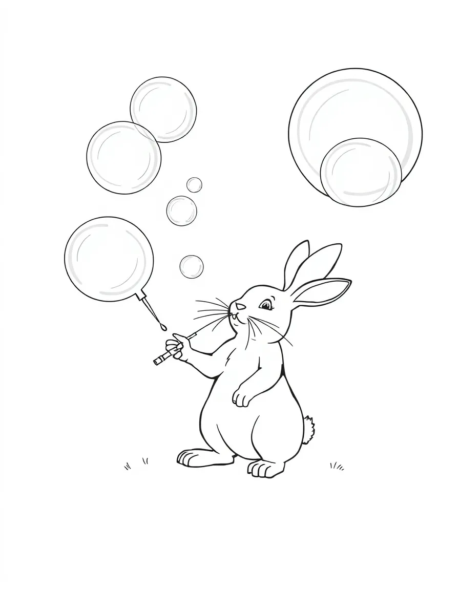 A rabbit holding a giant bubble wand, blowing huge bubbles.