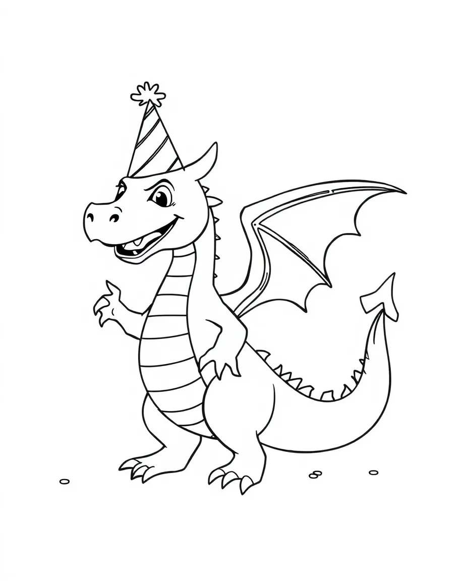 A dragon wearing a party hat, dancing with friends.