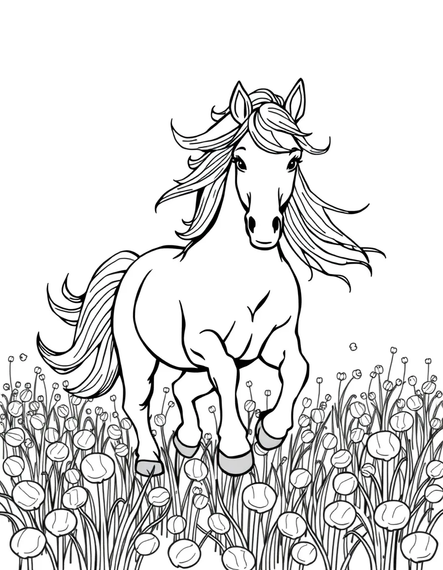 A horse with a flowing mane, running through a field of candy.