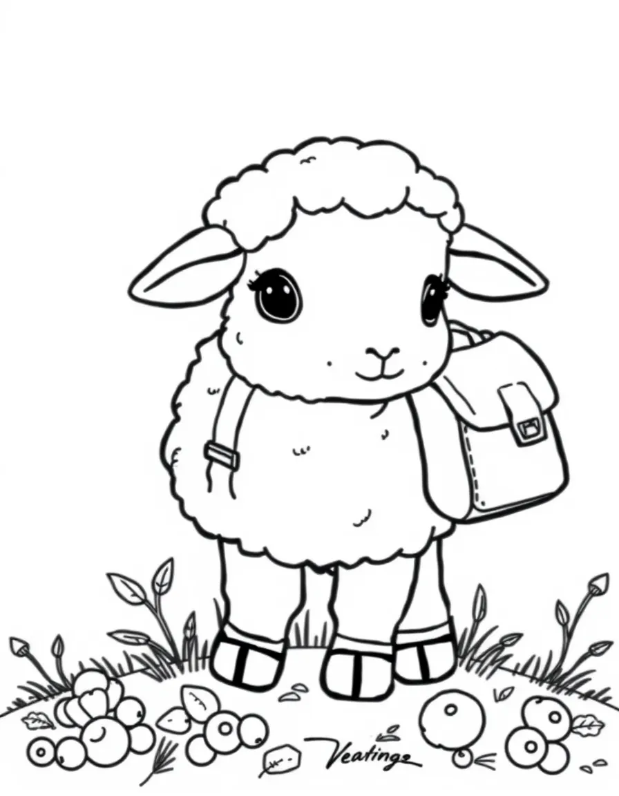 A sheep wearing a tiny backpack, collecting berries.