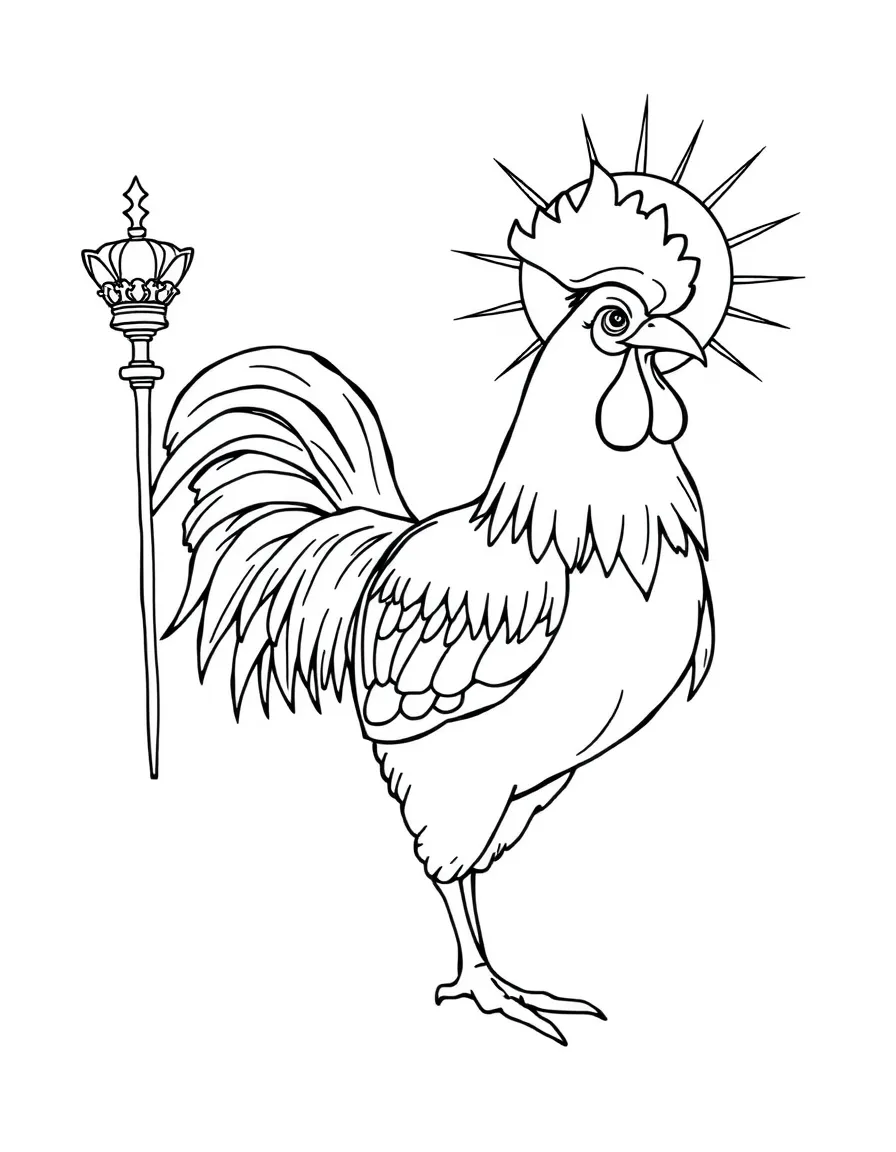 A rooster dressed as a king, holding a scepter of sunshine.