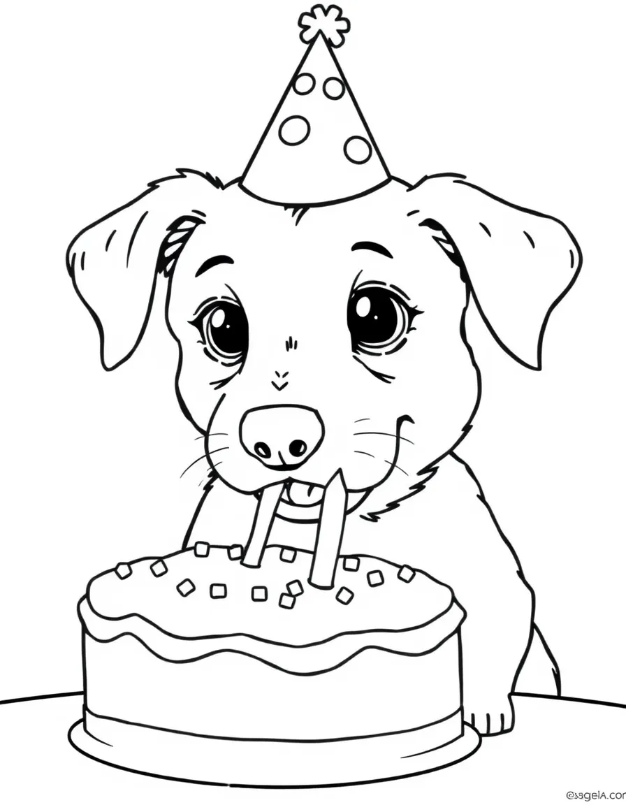 A dog wearing a tiny birthday hat, eating a cake.