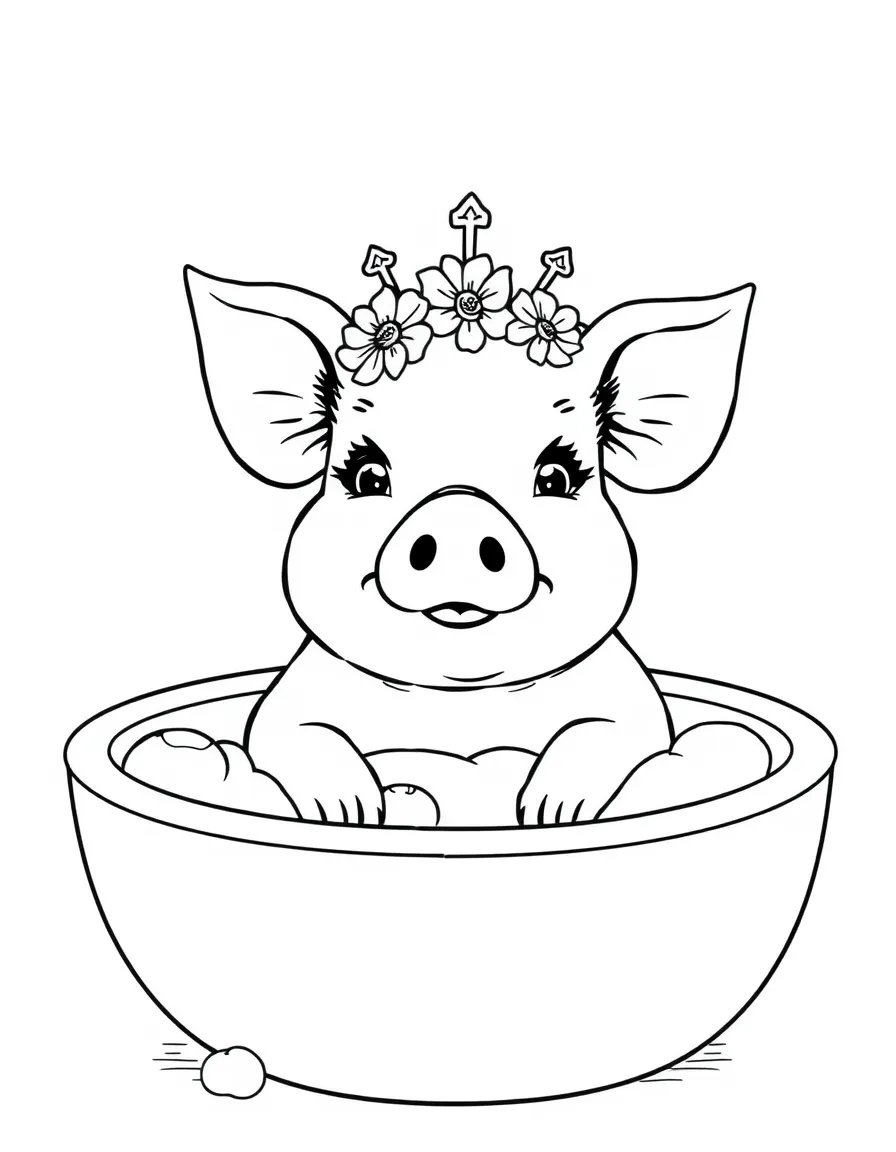 A pig wearing a tiny crown of flowers, enjoying a giant bubble bath.