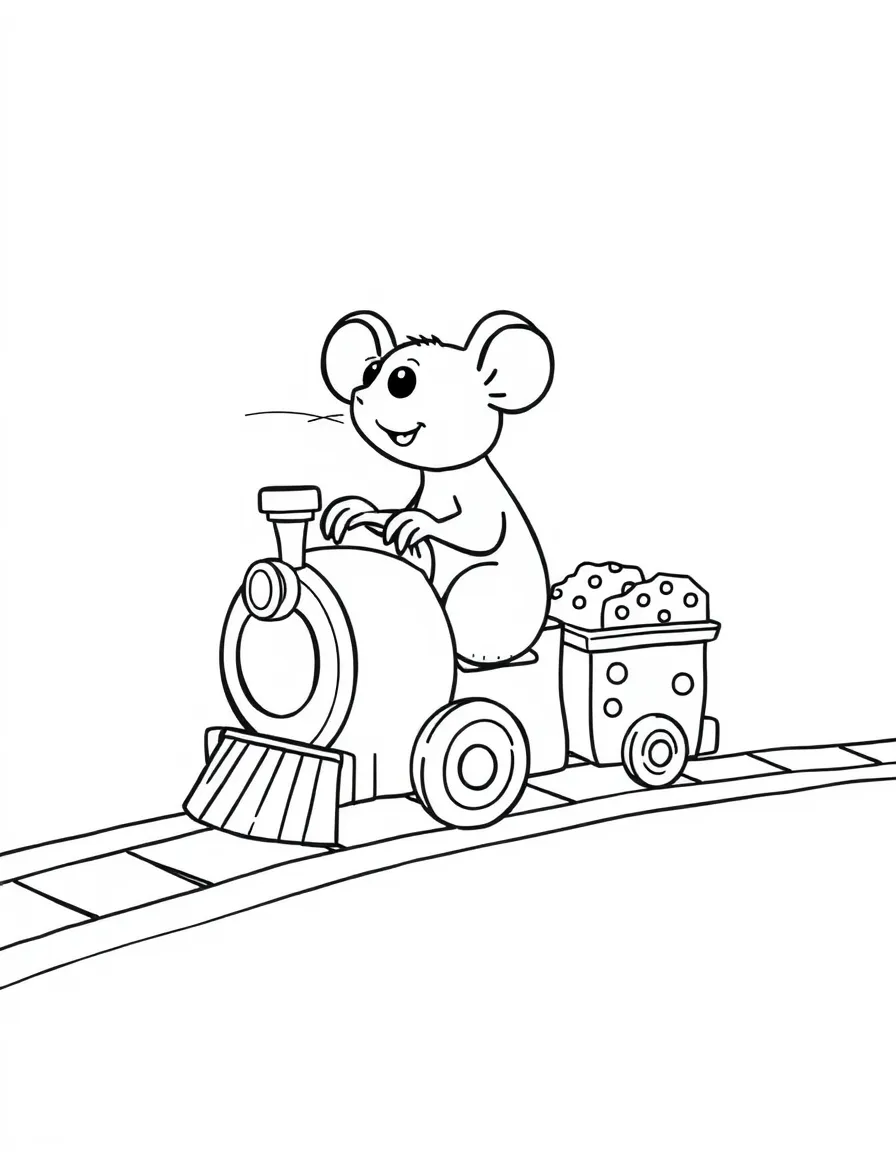 A rat driving a tiny train with cheese carriages.