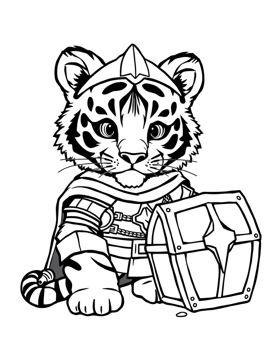 A tiger cub dressed as a knight, guarding a treasure chest.
