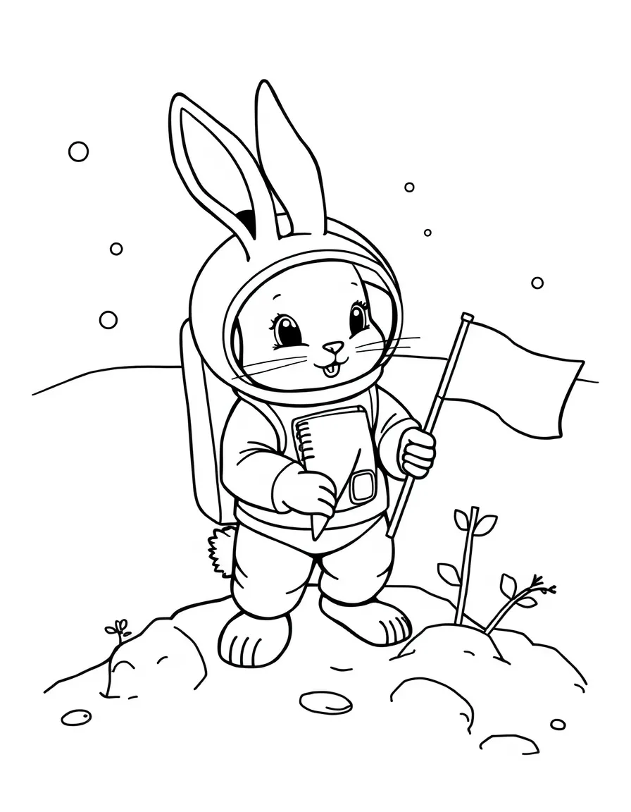 A rabbit dressed as an astronaut, planting a carrot flag on the moon.