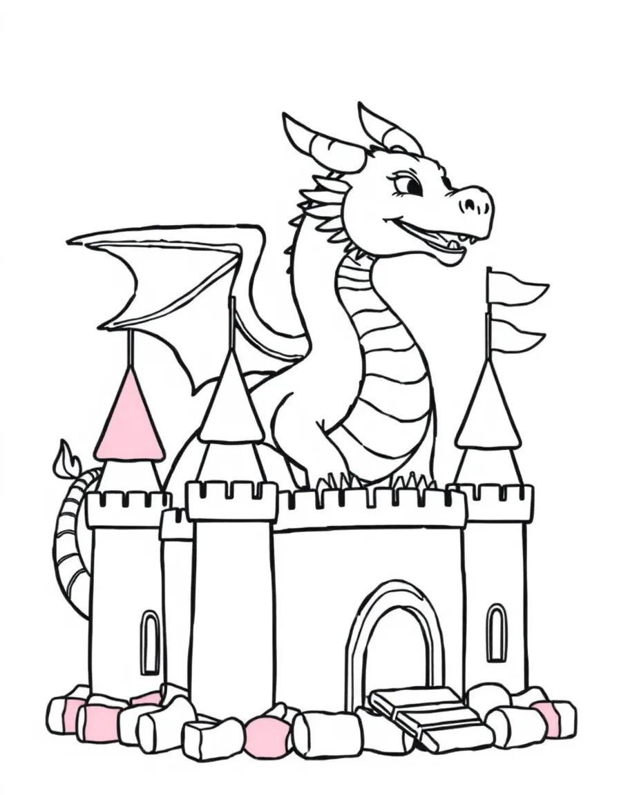 A dragon building a castle of colorful marshmallows.