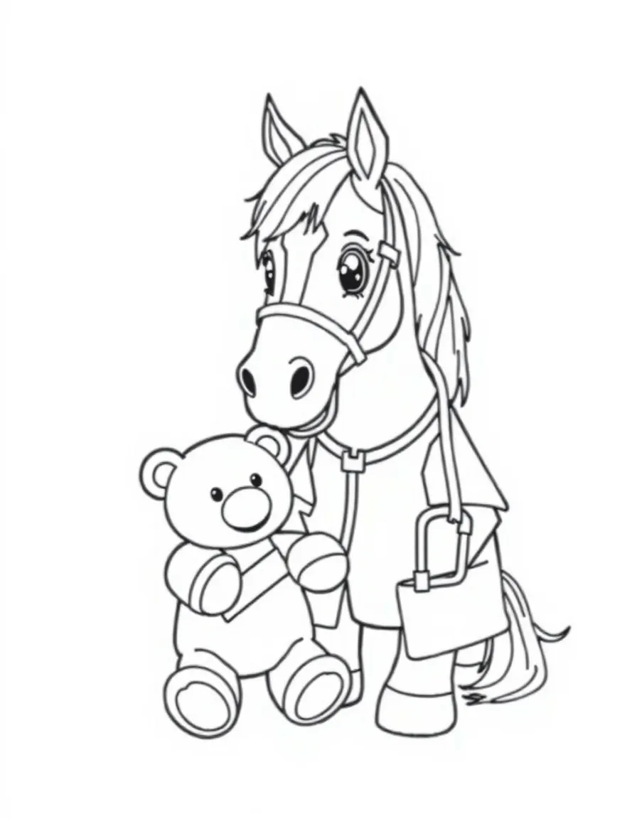 A horse dressed as a doctor, putting a bandage on a teddy bear.