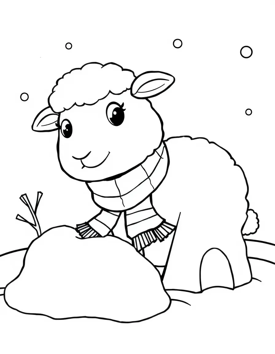 A sheep wearing a tiny scarf, building a snow fort.