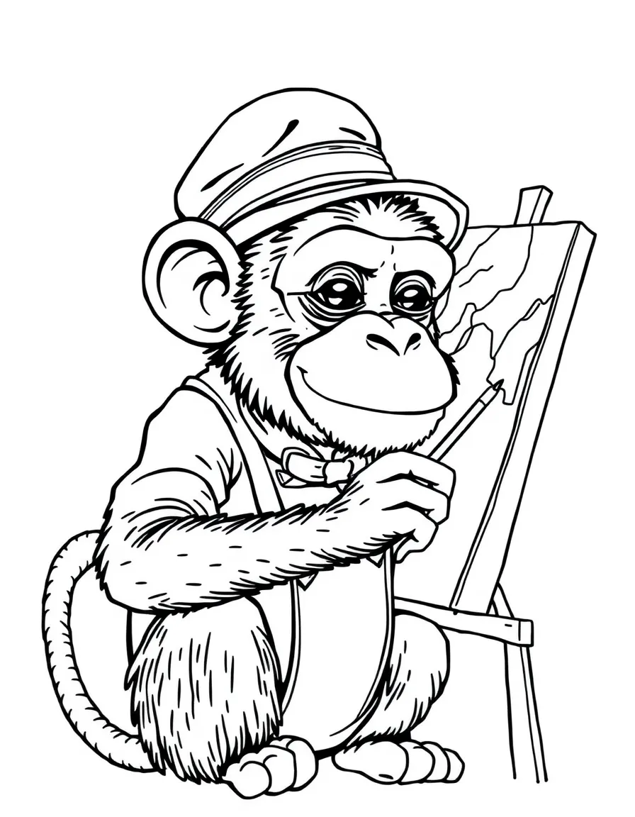 A monkey dressed as a painter, painting a self-portrait.
