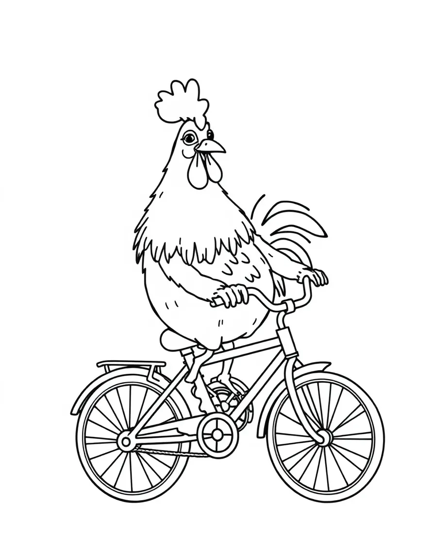 A rooster dressed as a clown, riding a tiny bicycle.