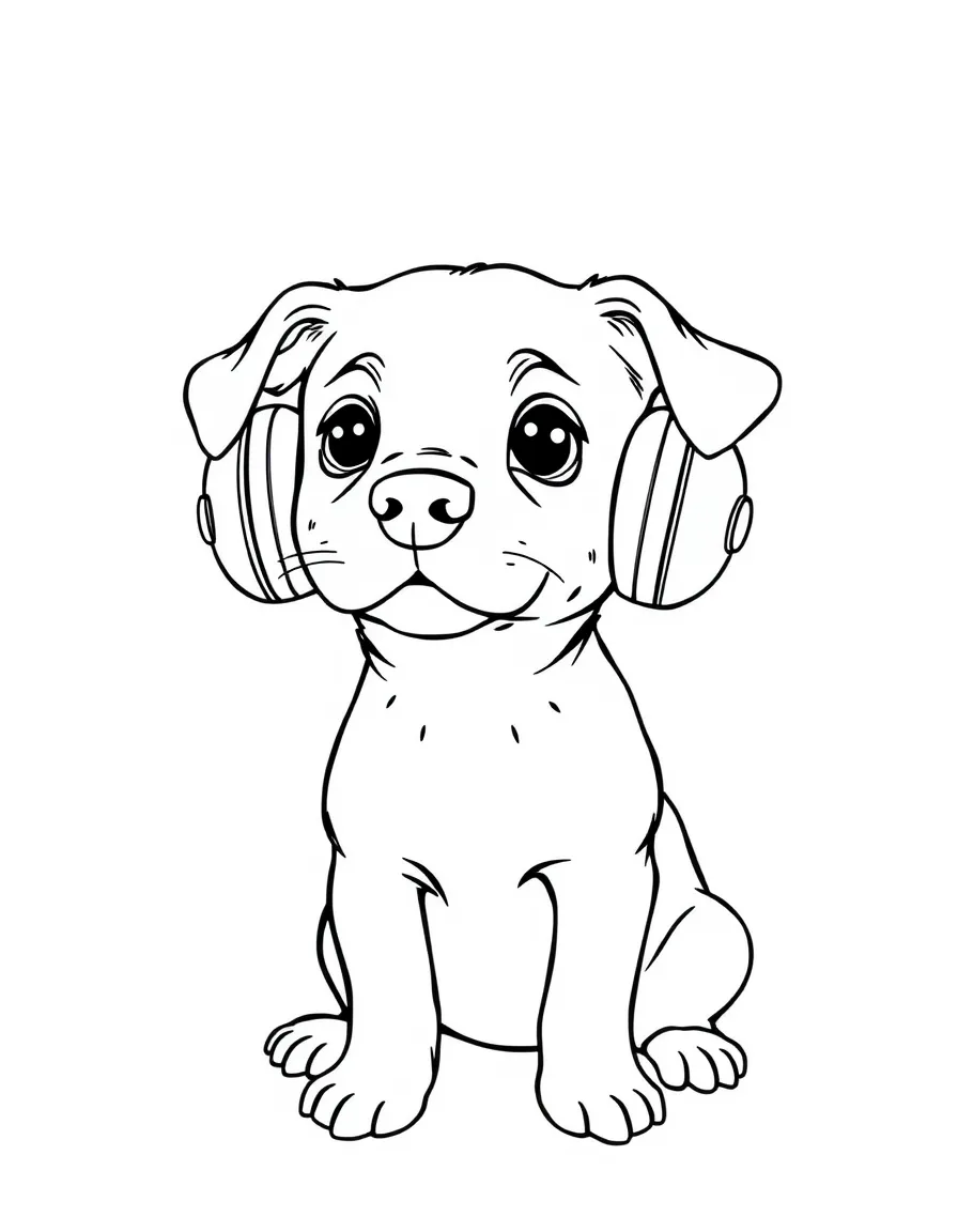A dog wearing tiny earmuffs, listening to an audiobook.