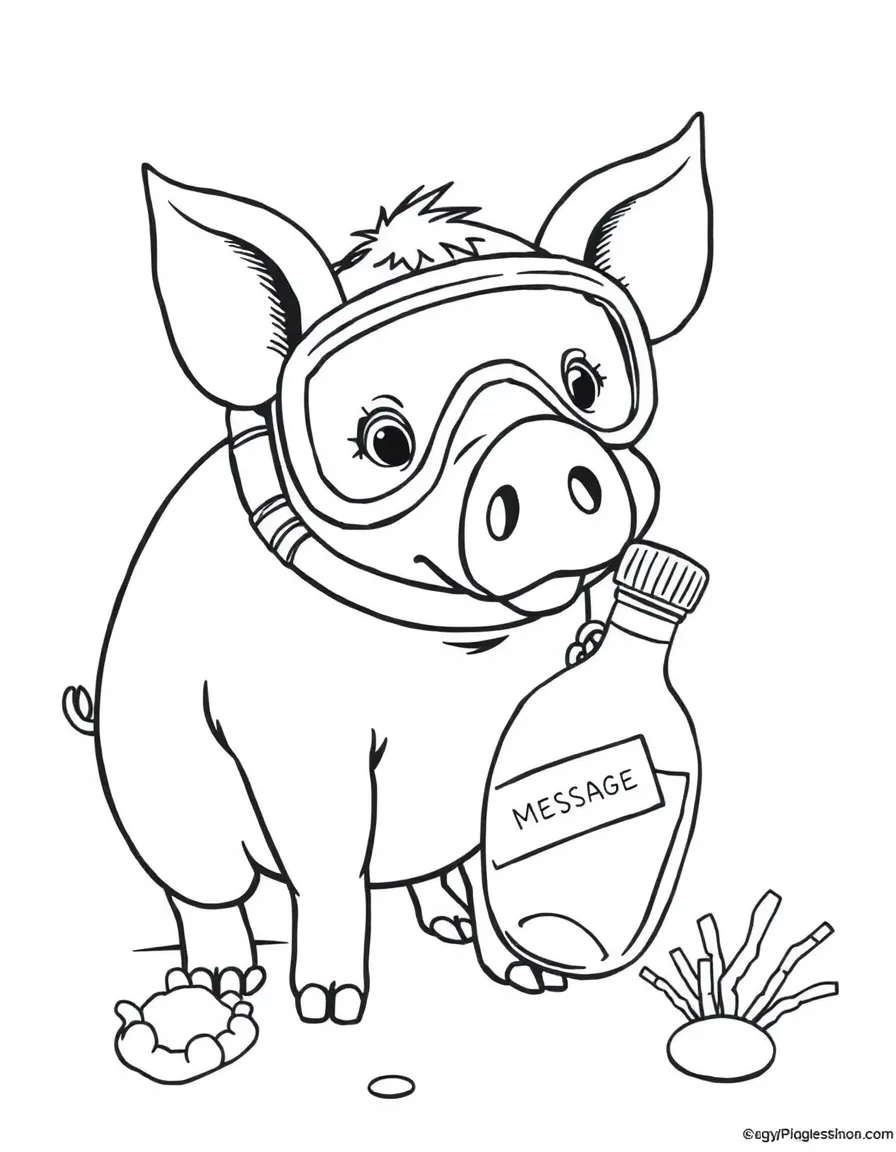A pig wearing a tiny snorkel, finding a message in a bottle.