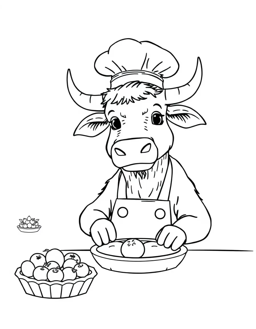 An ox wearing a tiny chef's hat, making giant fruit tarts.