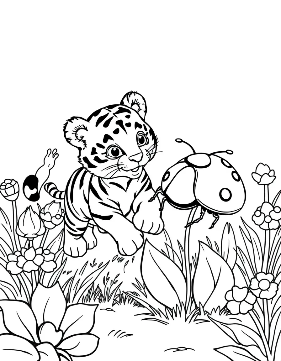 A tiger cub chasing a giant, friendly ladybug in a garden.