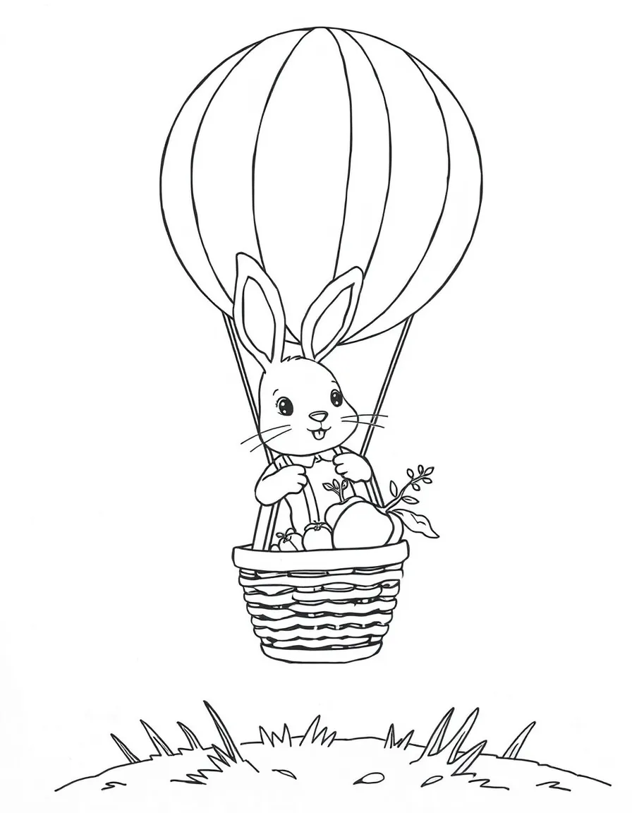 A rabbit riding a hot air balloon with a basket of vegetables.