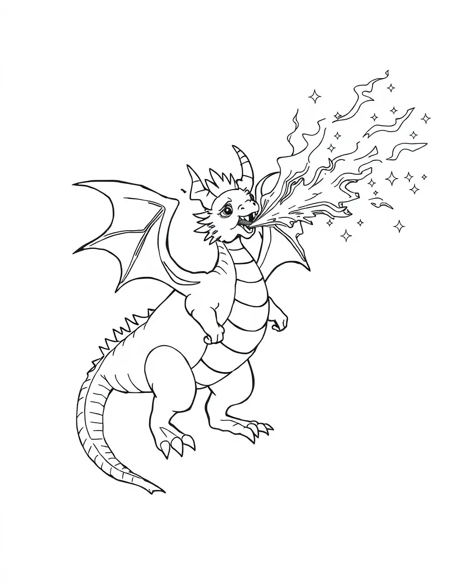 A dragon blowing fire that turns into sparkly dust.