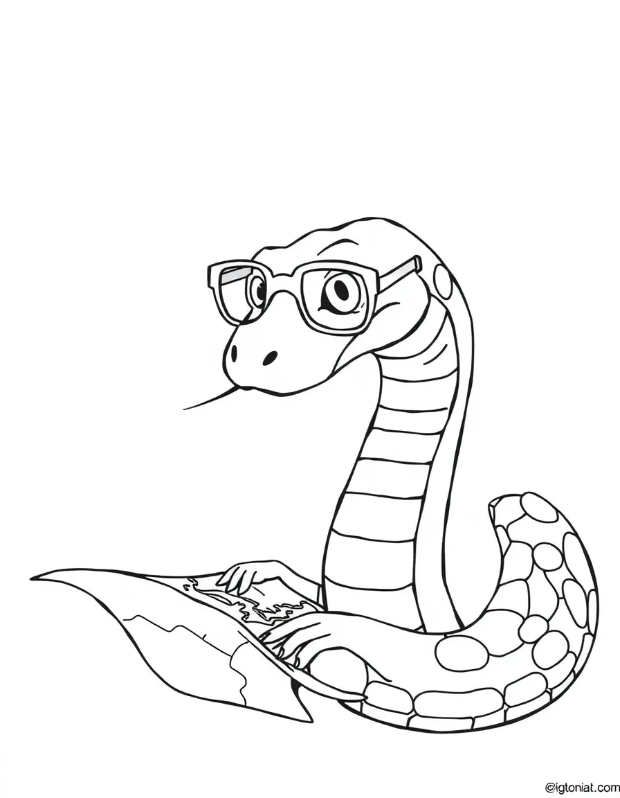 A snake wearing tiny spectacles, drawing a map.