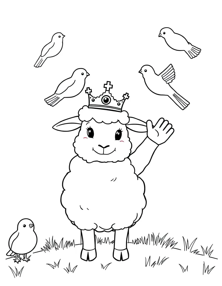 A sheep wearing a tiny crown, waving to a flock of birds.
