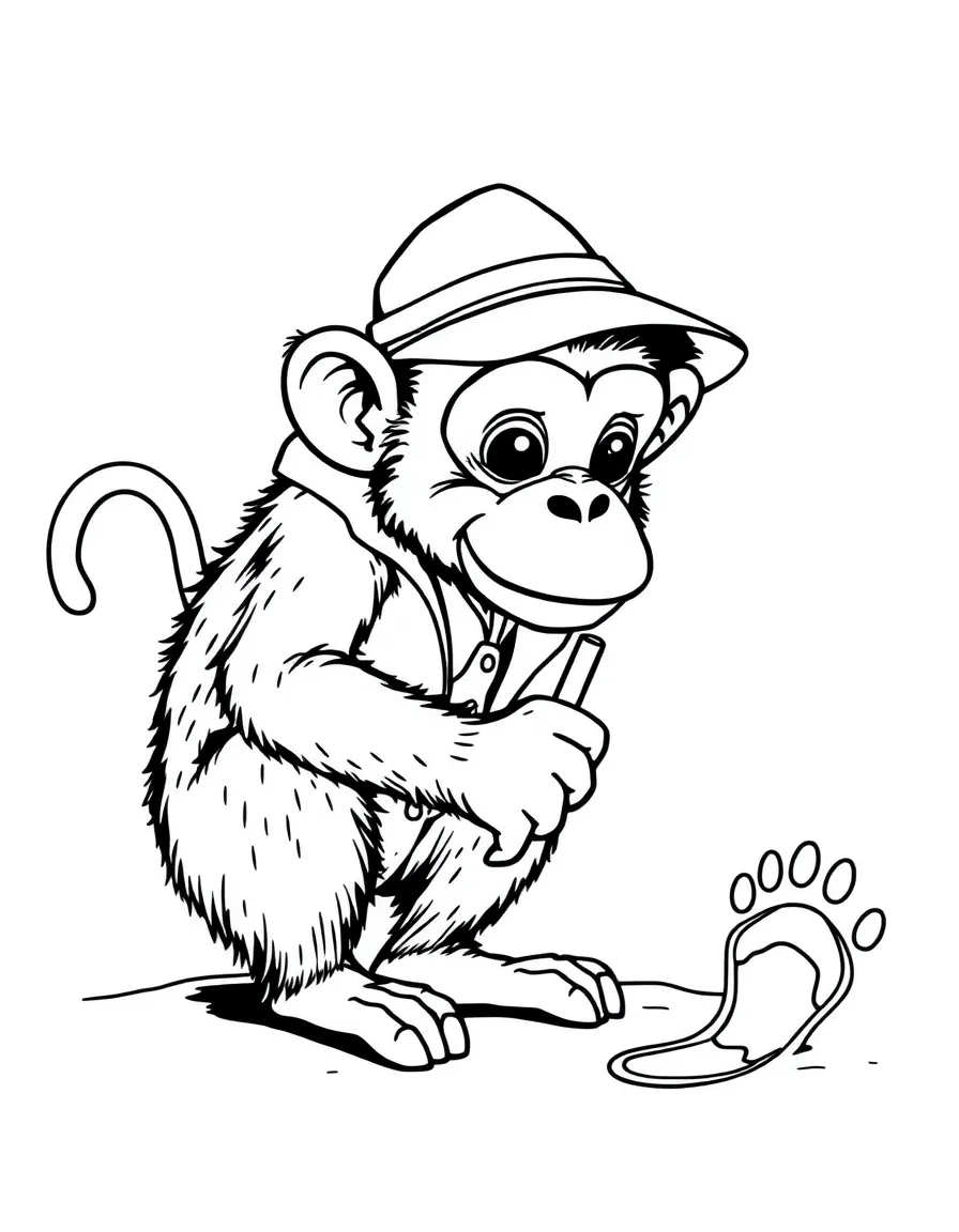 A monkey dressed as a detective, examining a footprint.