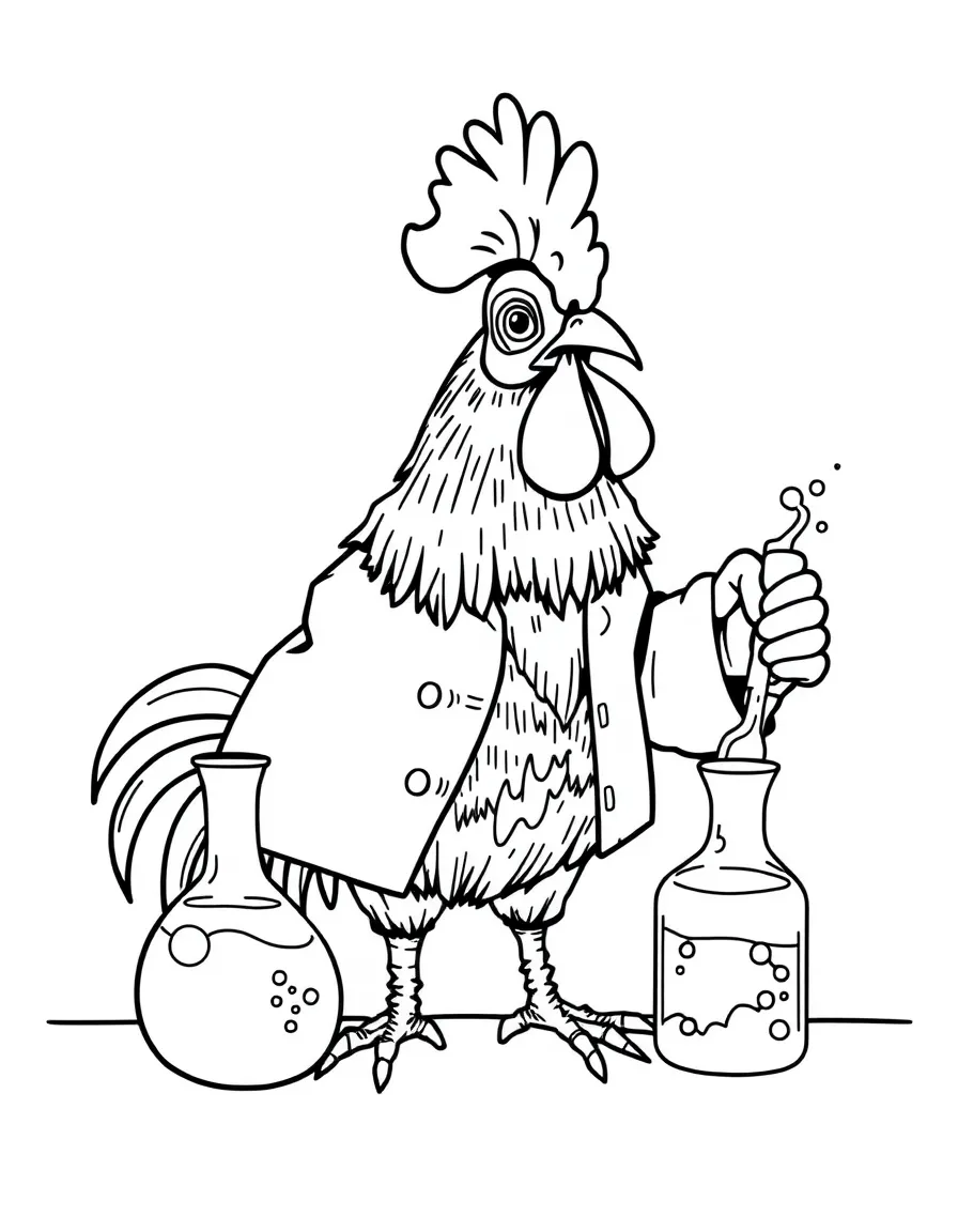 A rooster dressed as a scientist, mixing bubbling beakers.