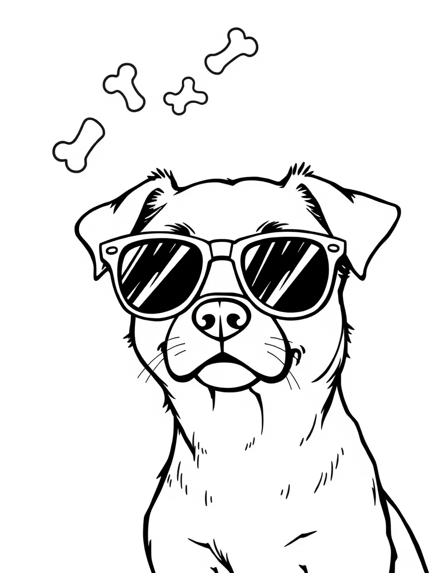 A dog wearing tiny sunglasses, dreaming of bones.