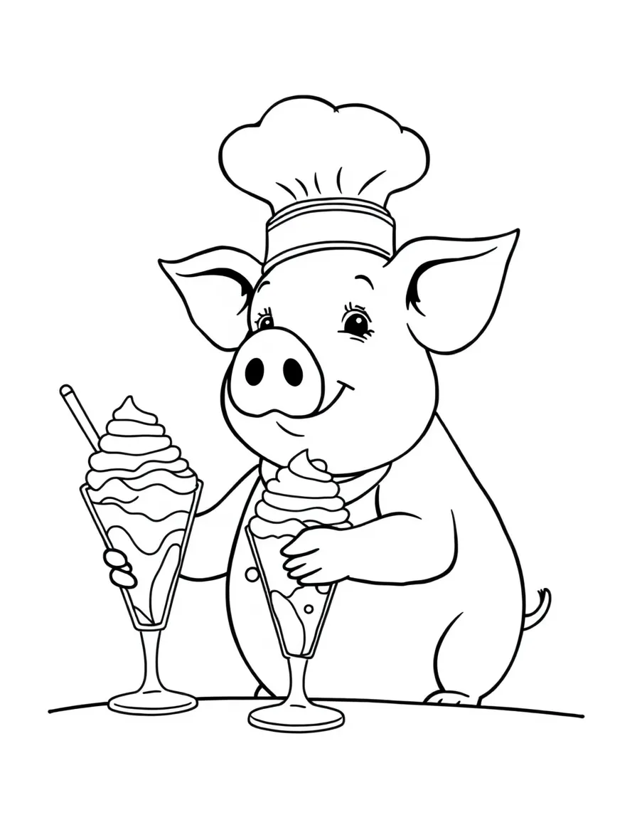 A pig wearing a tiny chef's hat, serving giant ice cream sundaes.