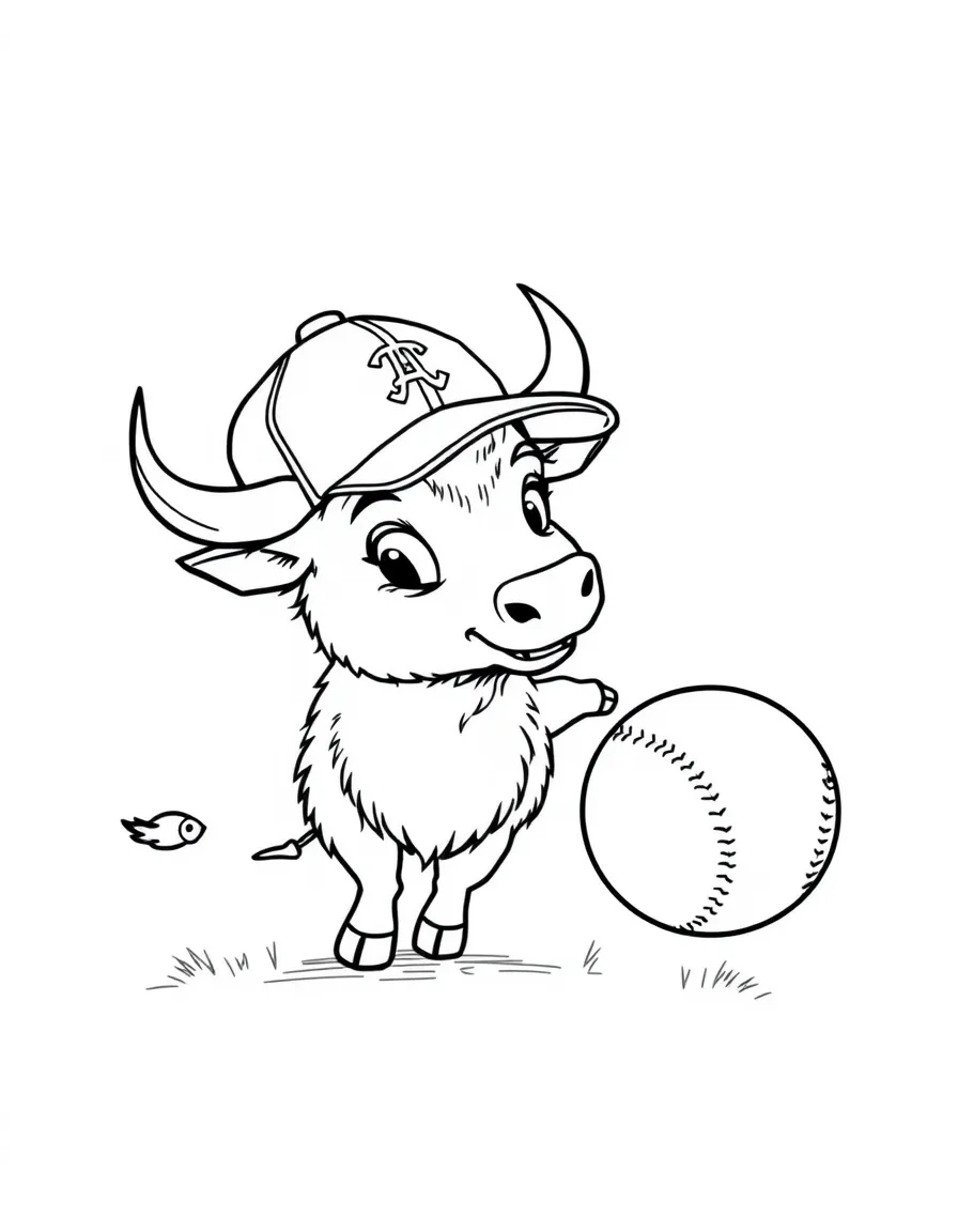 An ox wearing a tiny baseball cap, throwing a giant ball.