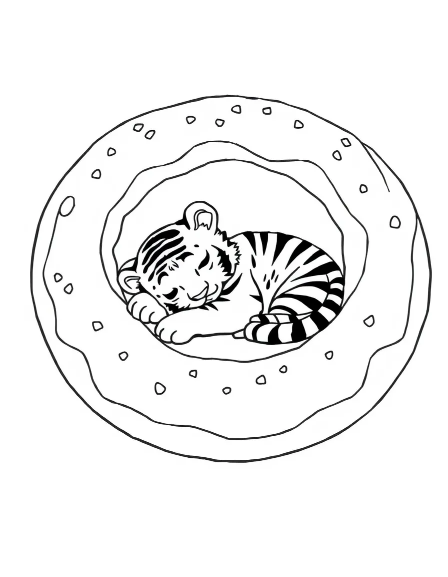 A tiger cub napping in a giant, cozy donut bed.