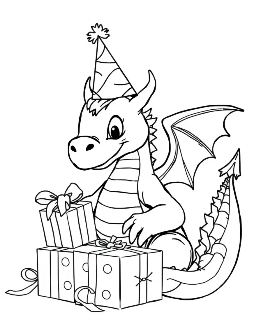 A dragon wearing a party hat, unwrapping presents.