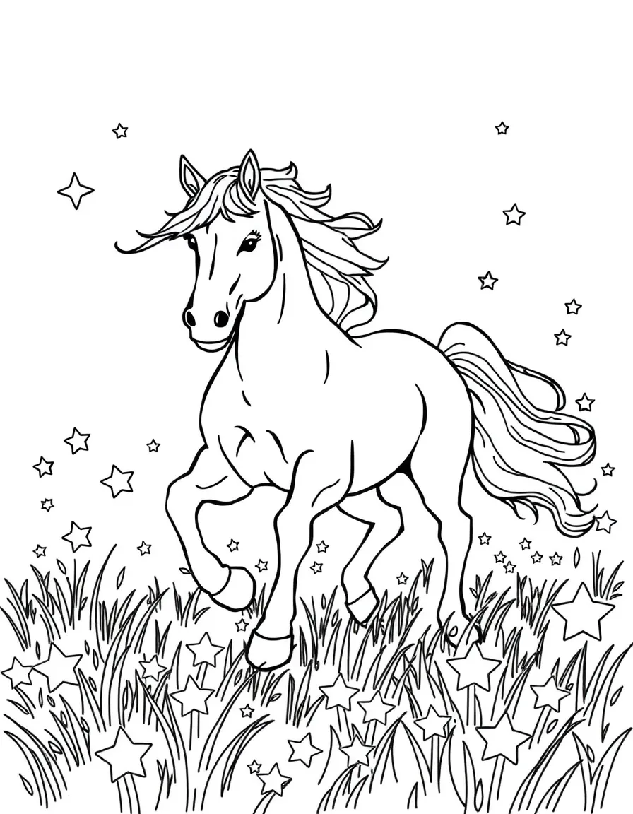 A horse with a flowing mane, running through a field of stars.