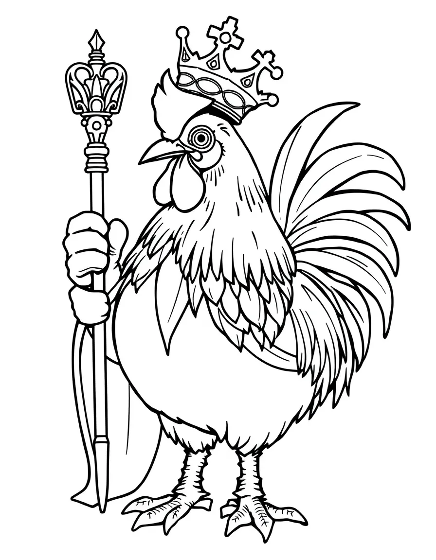 A rooster dressed as a king, holding a royal scepter.