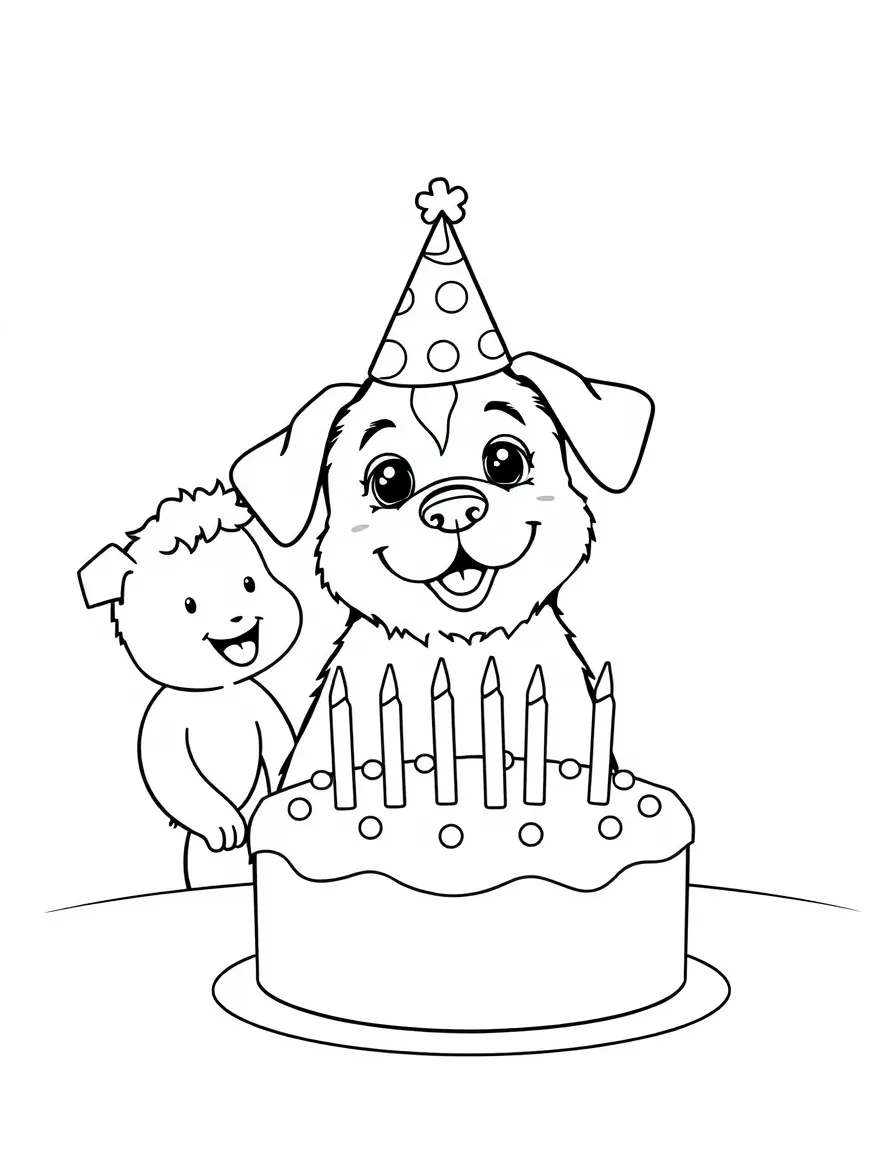 A dog wearing a tiny birthday hat, sharing cake with friends.
