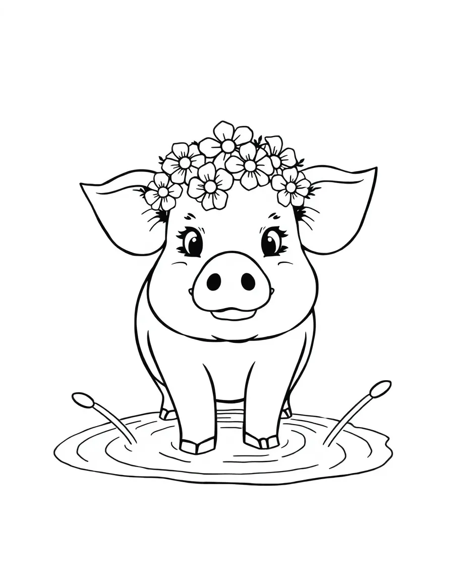 A pig wearing a tiny crown of flowers, splashing in a puddle.