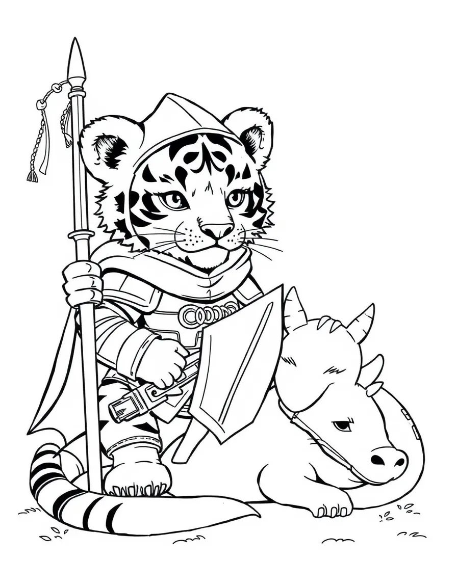 A tiger cub dressed as a knight, guarding a sleeping dragon.