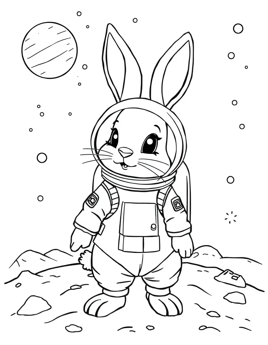 A rabbit dressed as an astronaut, exploring a new planet.