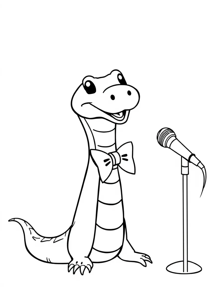 A snake wearing a tiny bow tie, performing a stand-up comedy show.