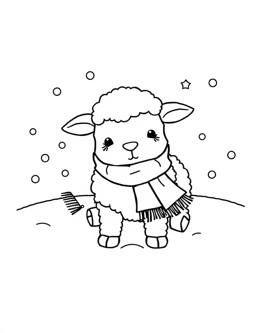 A sheep wearing a tiny scarf, making snow angels.