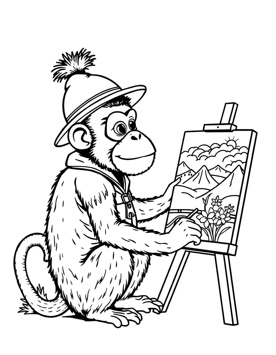 A monkey dressed as a painter, painting a beautiful landscape.