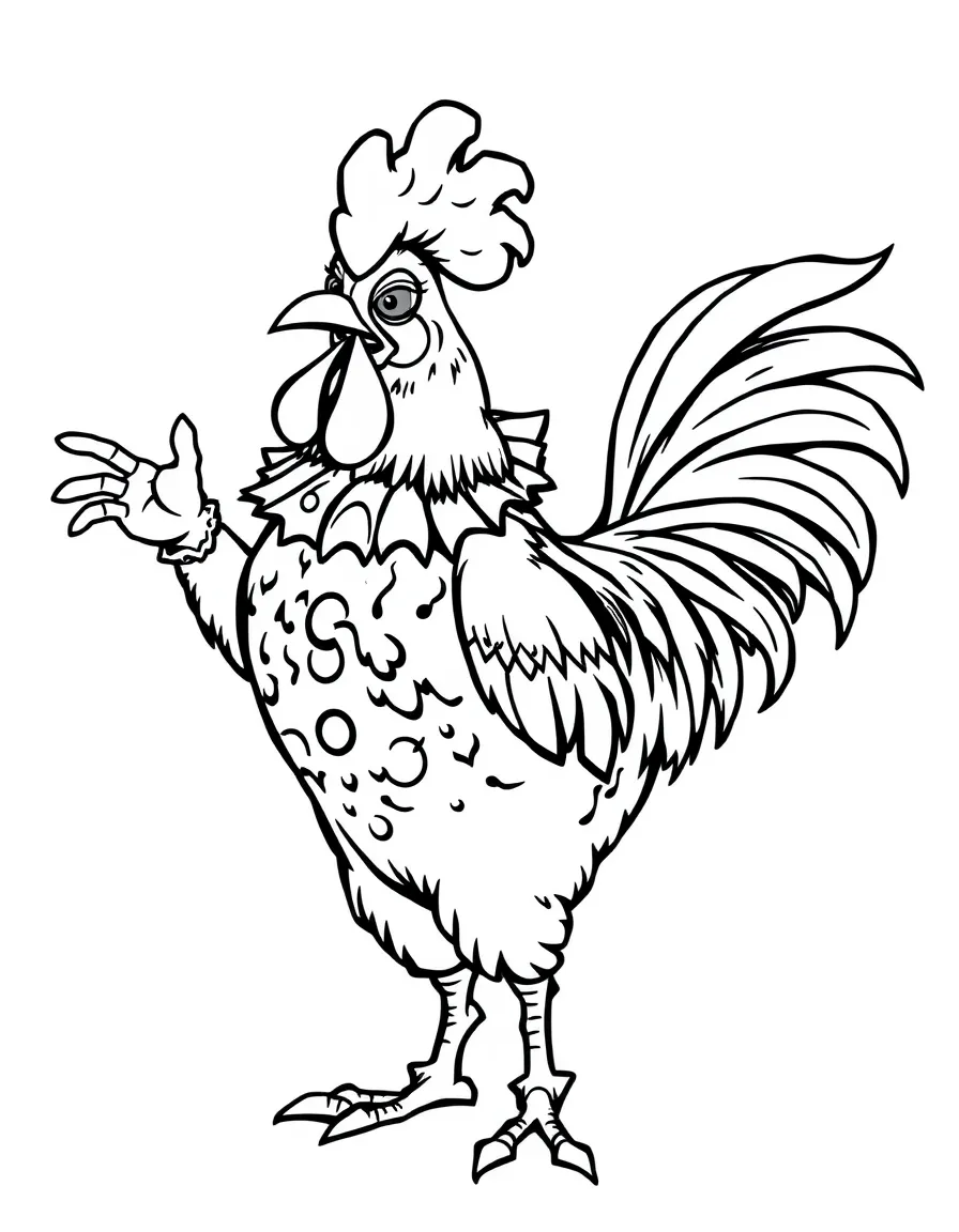 A rooster dressed as a clown, doing a funny dance.