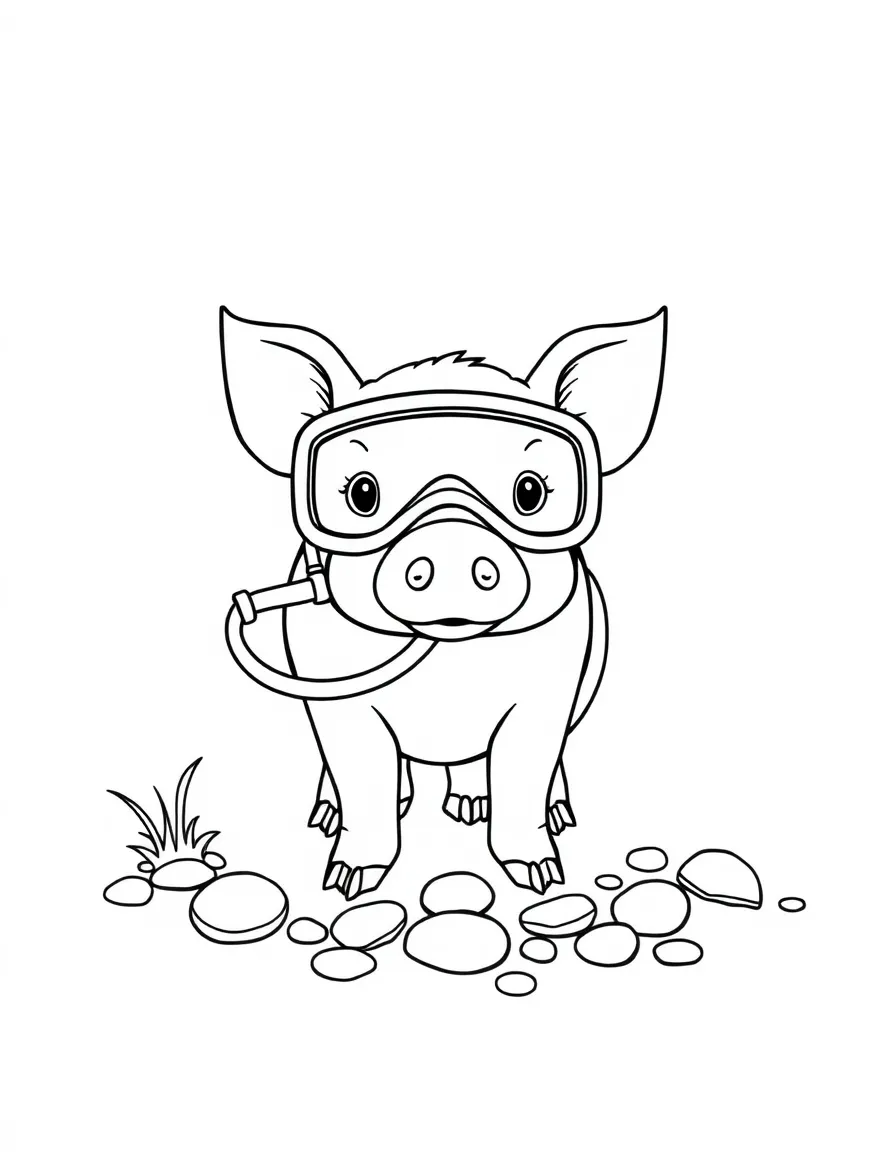 A pig wearing a tiny snorkel, collecting colorful pebbles.