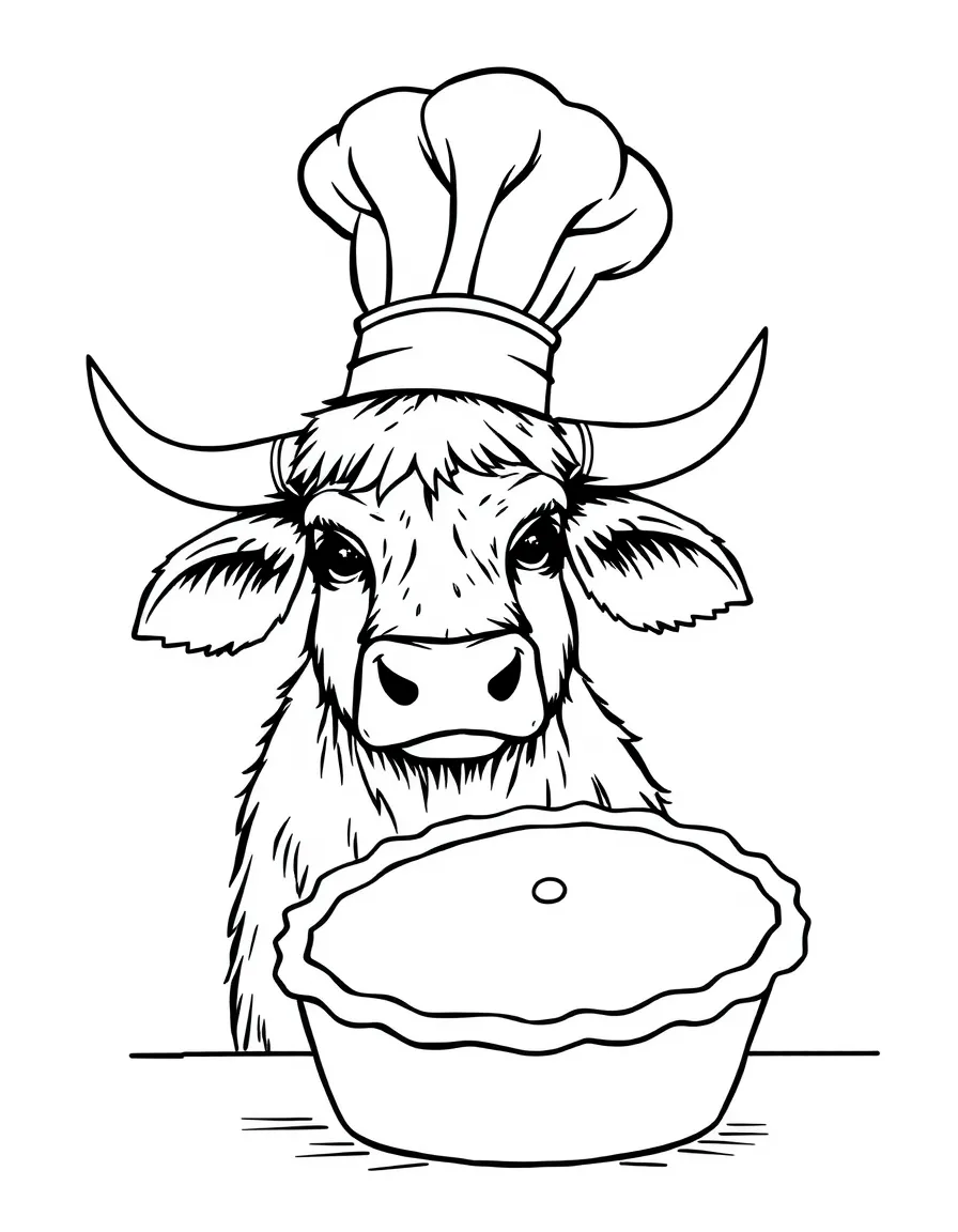 An ox wearing a tiny chef's hat, baking a giant pie.