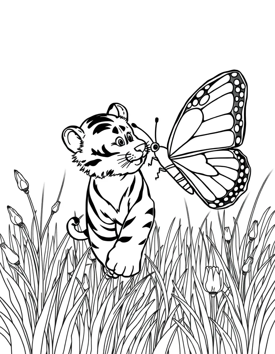 A tiger cub chasing a giant, friendly butterfly in a field.