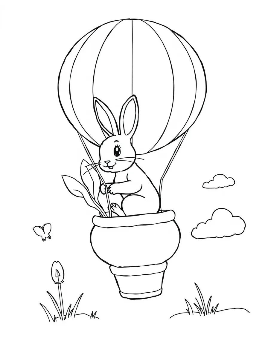 A rabbit riding a hot air balloon shaped like a turnip.