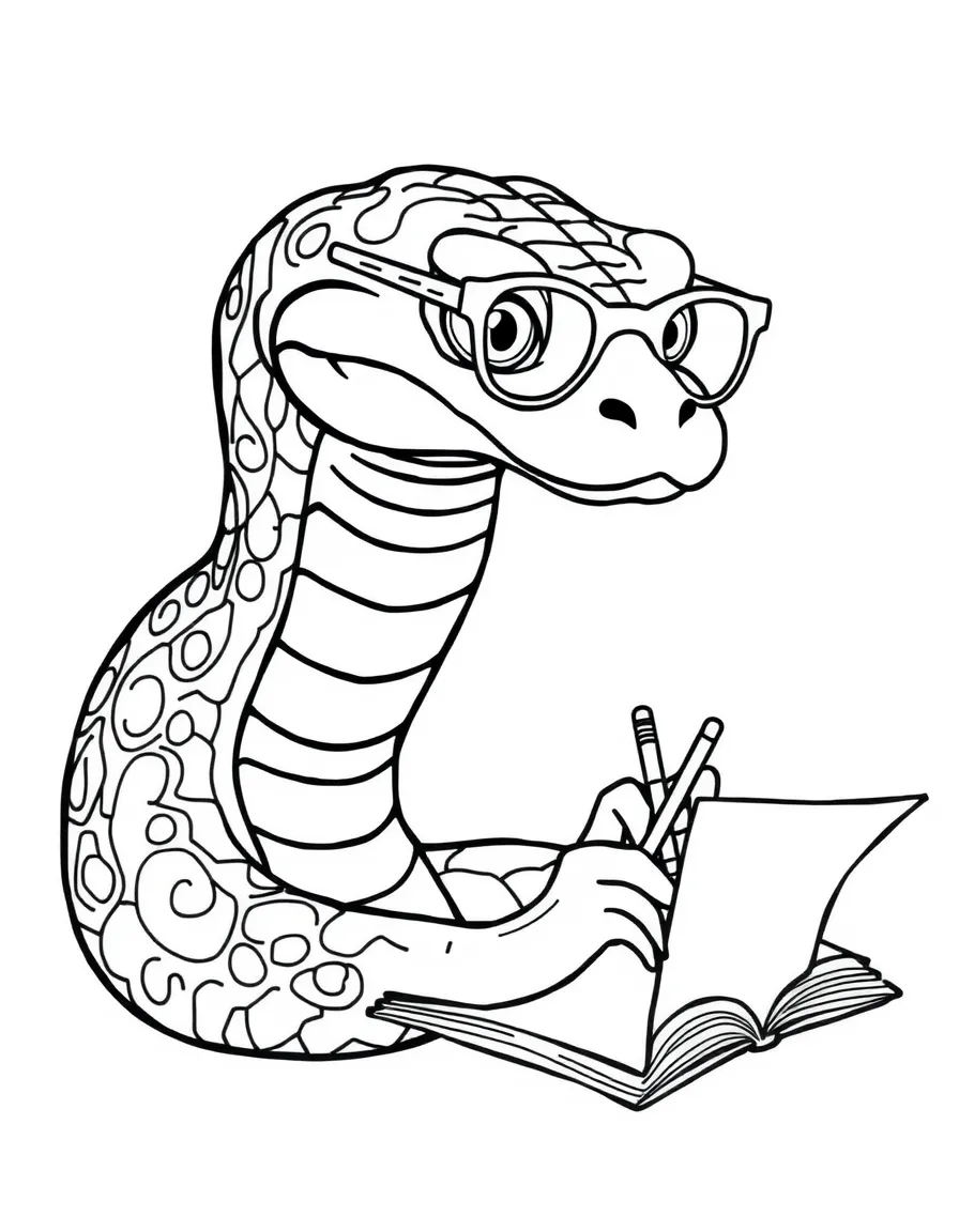 A snake wearing tiny spectacles, writing a poem.